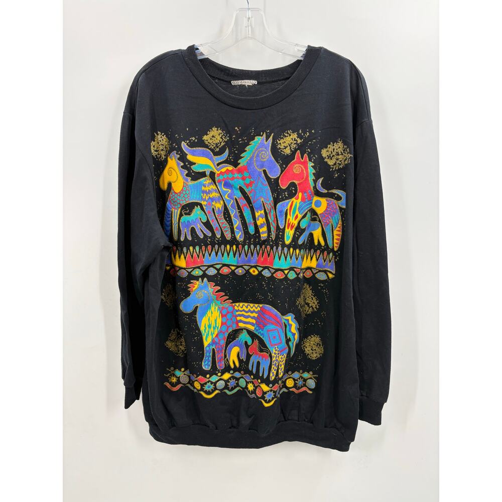 Vintage Pop Art Colorful Sparkly Horses Long Sleeve Shirt Tunic XL